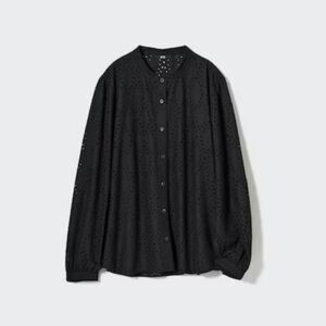 Uniqlo Black Cotton Embroidery Long Sleeve Blouse